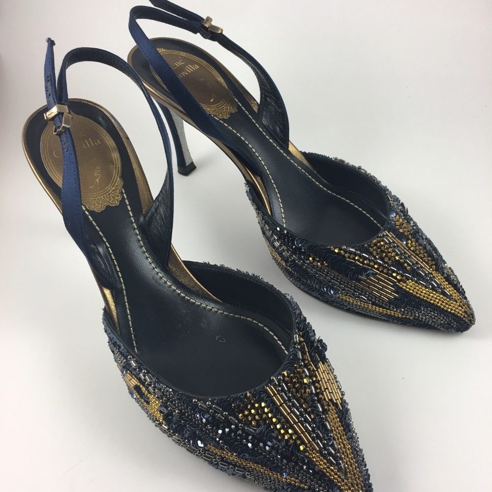 Rene Caovilla Women's Navy and Gold Sling Back